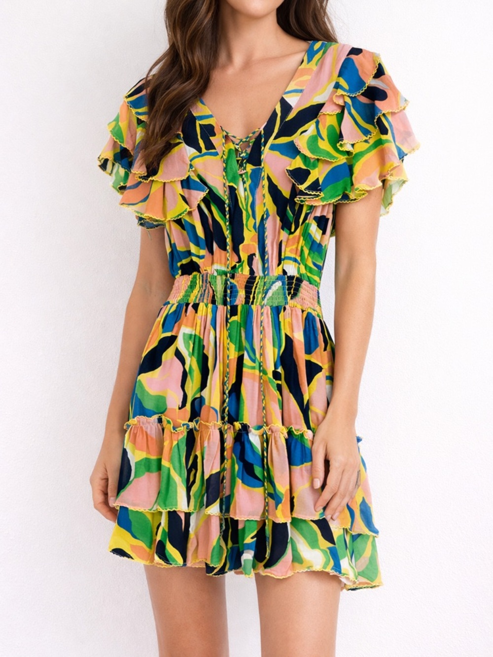 TAJ by Sabrina Crippa Ruffle Mini Dress Tropical Print NWT Size S